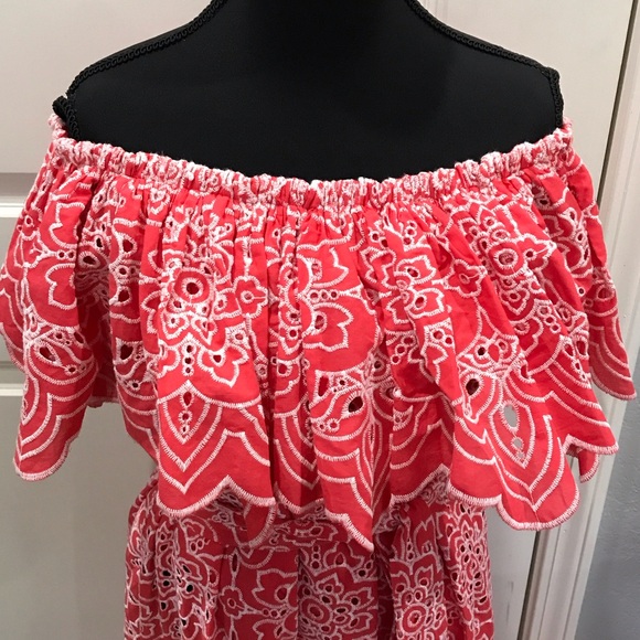 Trina Turk Off-Shoulder Coral Pink Eyelet Maxi Dress - Picture 2 of 6